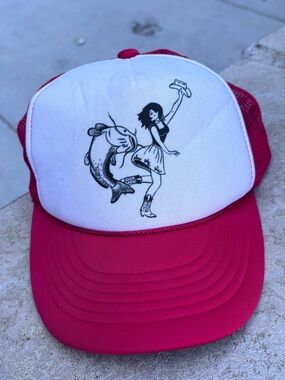 Vintage Trucker Hat with Dancing Girl and Fish Graphic